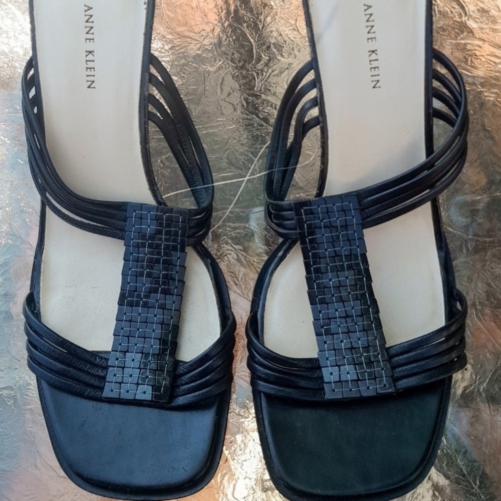 Size 9 Anne Klein Leather Beaded high heel sandals black